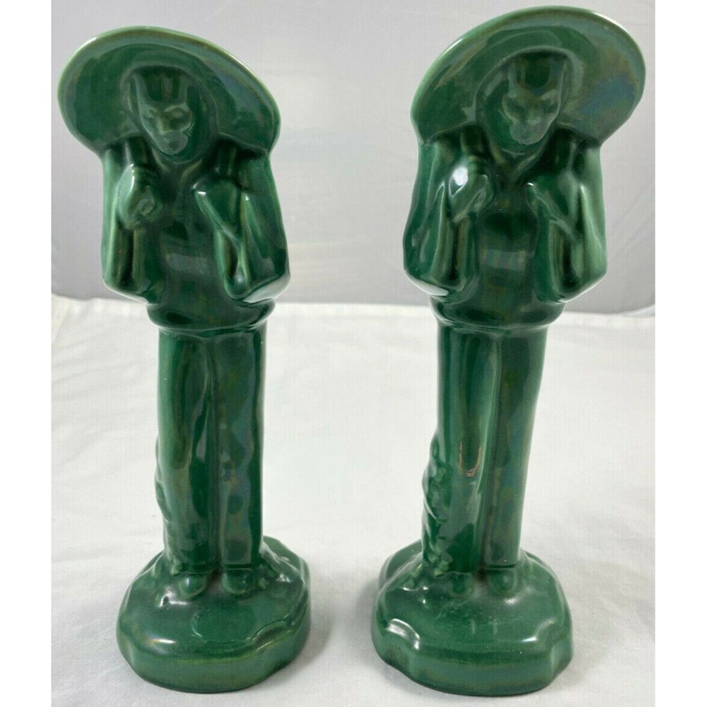 Gonder Green Asian Man Vase 519 Set of 2 Farmer 8.5” Pottery Vintage Imperial
